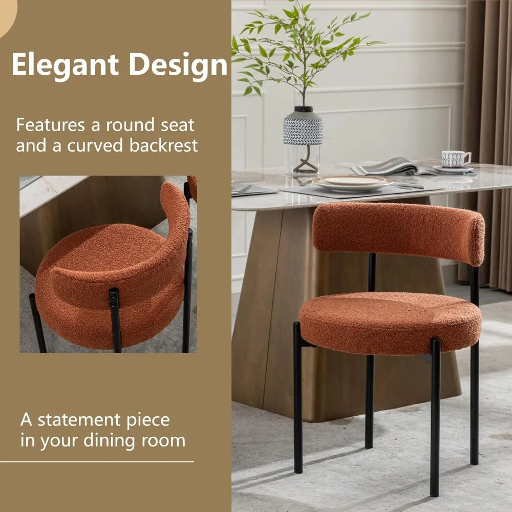 Boucle Dining Chairs Set of 4, Rust Dining Chairs with Upholstered Seat and Round Back, Mid-Century Modern Kitchen Chairs