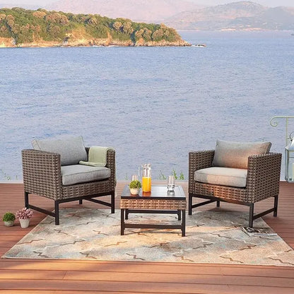 3 Pieces Outdoor Patio Balcony Furniture Rattan Conversation Set Wicker Chairs with Square Table, Brown