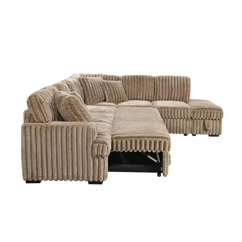 L-Shaped Corduroy Sleeper Sofa Bed with Storage Ottoman & Pull-Out Bed for Living Room, Brown Sectional Couch