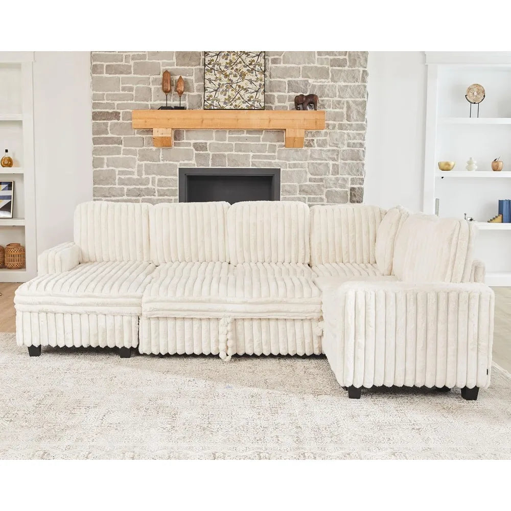 Corduroy Sleeper Sofa Bed with Storage Chaise Modular Sectional Sofa Couch with Pull Out Bed L Shaped Sectional Couches