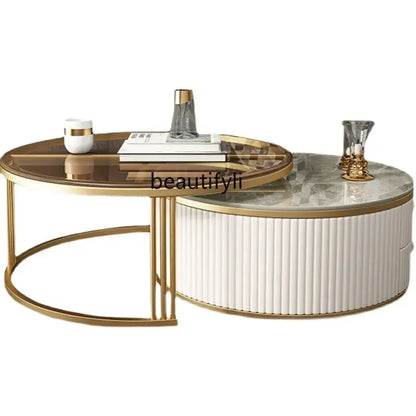 Light Luxury Stone Plate round Tea Table Small Apartment Modern Living Room Glass Coffee Table Living Room Home
