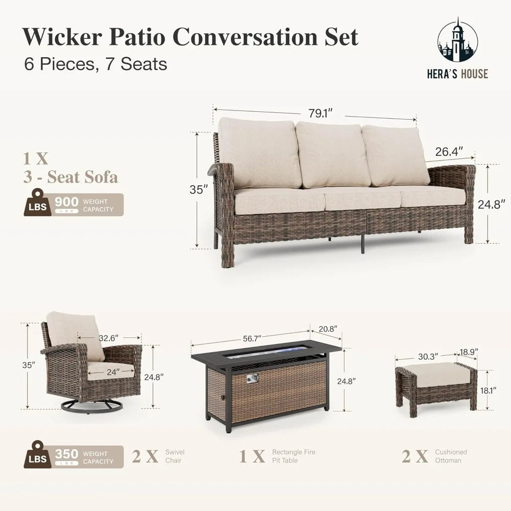 Rattan Outdoor Furniture Set, 6-piece Outdoor Deep-seated Leisure Set, Including Brazier Table and Footstool