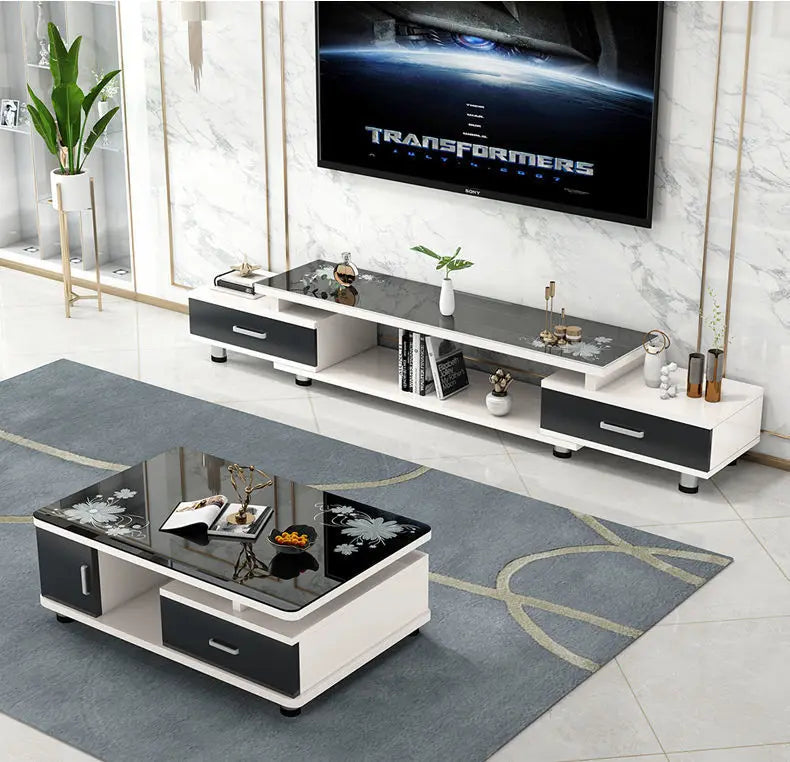 Modern & Minimalist Tempered Glass Expandable TV Stand & Coffee Table Set - European Style, Ideal for Small - Space Living Rooms