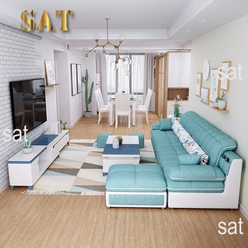 Nordic Modern Sky Blue L-Shaped Corner Sofa Soft Three Seater Loveseat and Bunk Bed Couch Set for Living Room