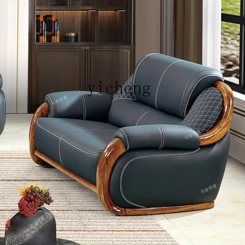 FY Ebony Wood Genuine Leather Sofa Solid Wood Sofa Living Room New Model