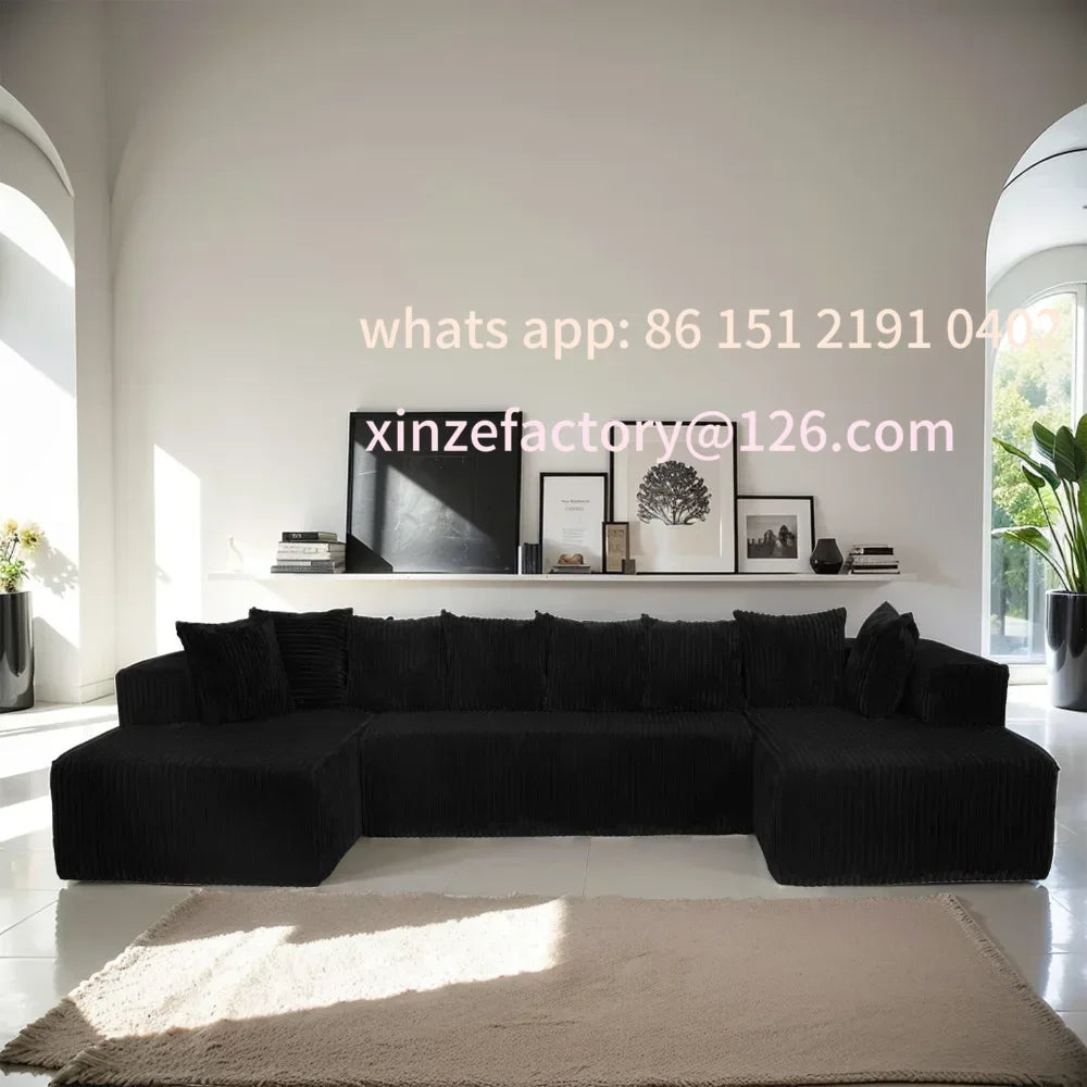 Customizable U-Shaped Sectional Sofa,130-inch 4-Seater Chaise Lounge with Striped Corduroy Fabric  Customizable Living Room or B