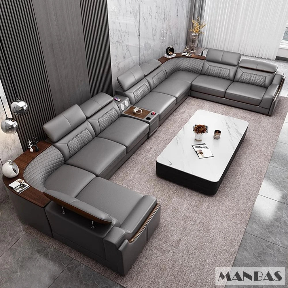 Stylish Italian Genuine Leather Sofa for Living Room with Cup Holder, USB, Adjustable Headrests & Bluetooth Speaker - Linlamlim