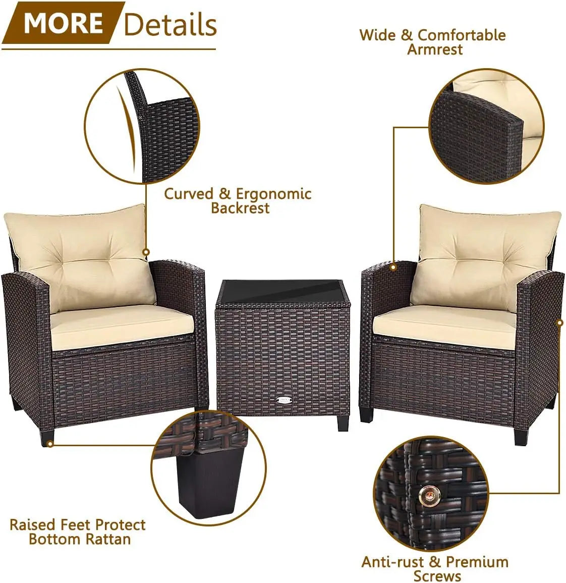 3-Piece Outdoor Patio Set with Washable Cushions & Tempered Glass Table, PE Rattan Furniture for Garden, Balcony