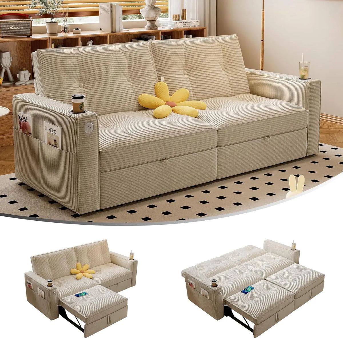 Queen Size Sofa Bed Loveseat 73'' Convertible 2 Seater with Pull out Bed Pockets And USB Ports Modern Design Customizable
