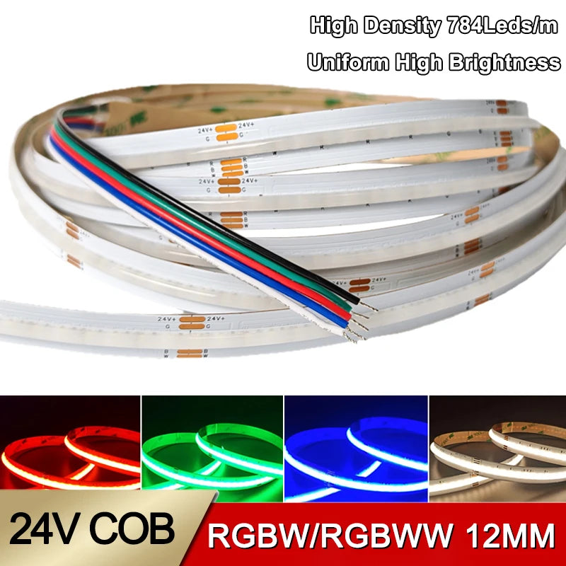 High Density 5M/Roll 784leds/m 24V RGBW RGBWW COB Led Strip RA90 12mm High Brightness Dimmable Led Strip Light
