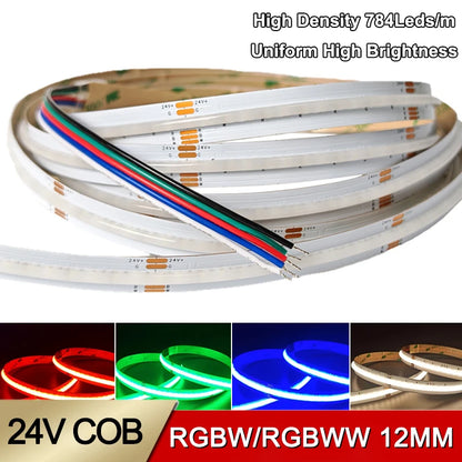 High Density 5M/Roll 784leds/m 24V RGBW RGBWW COB Led Strip RA90 12mm High Brightness Dimmable Led Strip Light