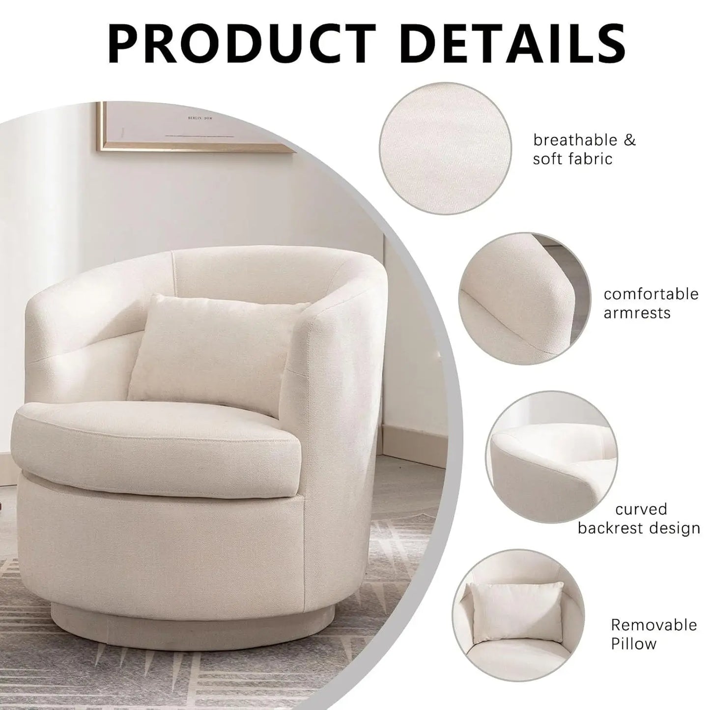360° Swivel Barrel Chair Set 2 Comfy Upholstered Armchair with Pillow Living Room Bedroom Reading, Customized