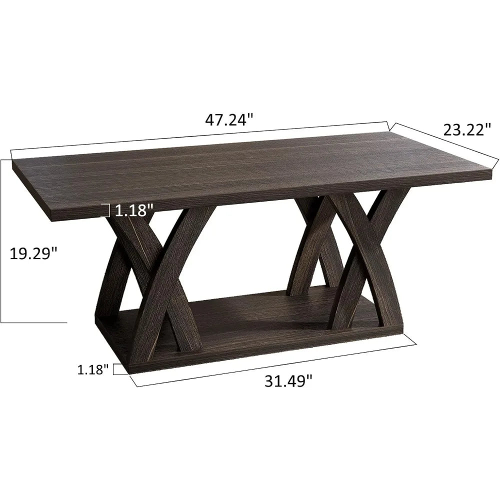 Shelf-Included Farmhouse Coffee Table, Wooden Living Room Table with Open Display, 47 Inch Dark Brown
