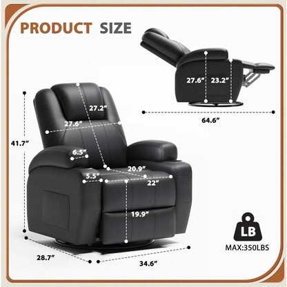 360° Swivel Recliner Chair with Vibration Massage, Ergonomic Lounge Rocker for Adults, Cup Holders & Side Pockets