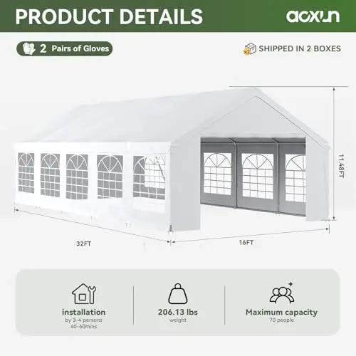 32x16 Party Tent,Heavy-Duty Canopy Tents for Parties Weddings Events | Removable Sidewalls,Roll-up Door,Waterproof for