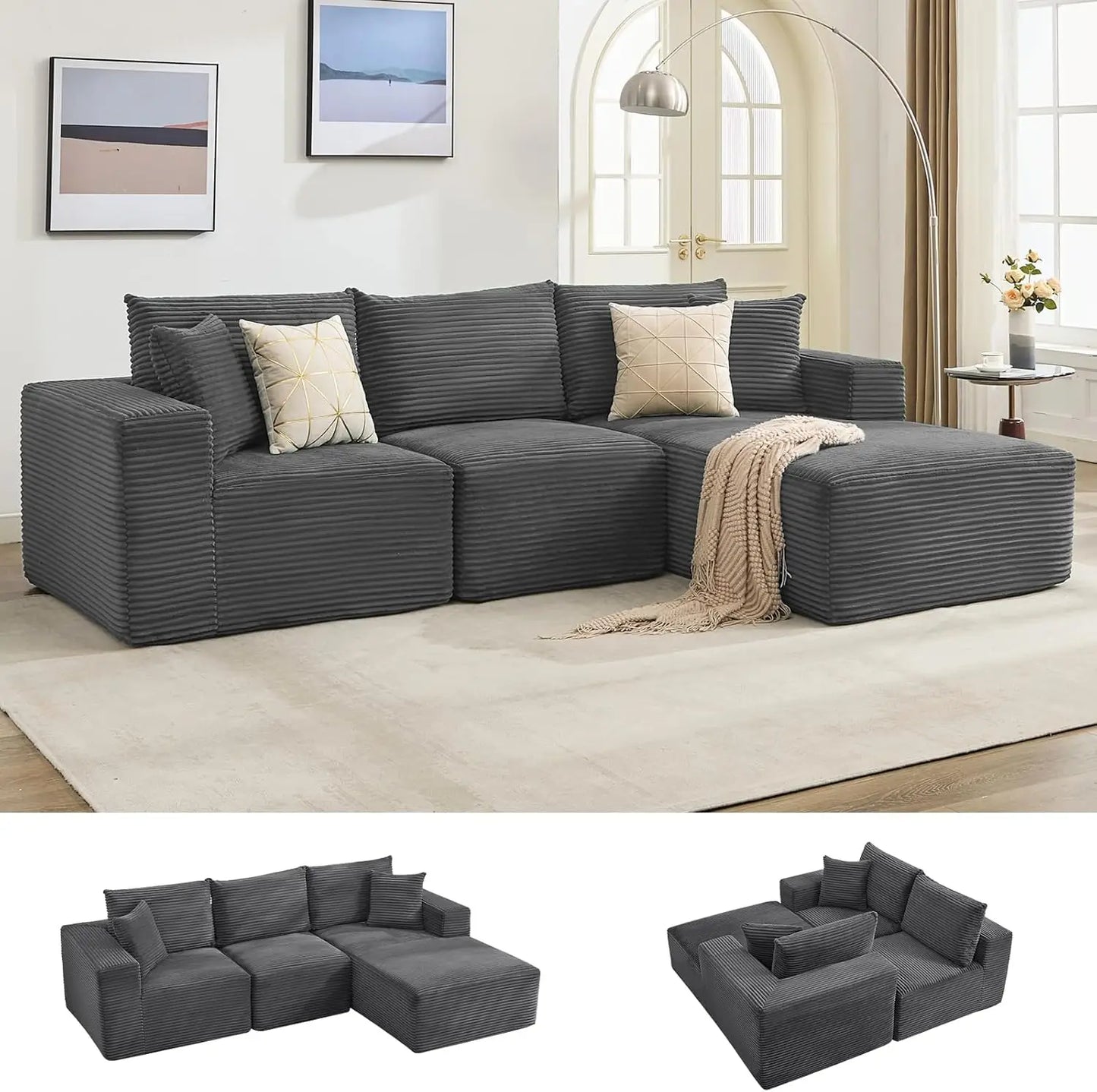 118" Compressed Sofa for Living Room L Shaped Boneless Couch, Modular Sectional Sofa, Sofa Bed Memory Foam Couches with Chaise