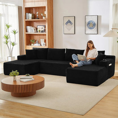 133.5" Black Corduroy Boneless Sectional Couches for Living Room, Oversized Plush U Shaped Cloud Couch Modular Sectional Sofa wi