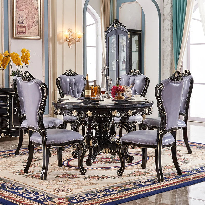 European marble dining table and chair combination American round table ebony French solid wood round dining table household
