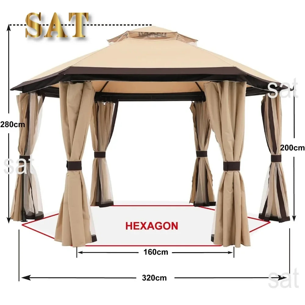 For 10'x10' Gazebos for Outdoor Hexagonal Gazebo with Netting and Privacy Curtains By, 120"L X 120"W X 110"H, 74.8 Pounds&