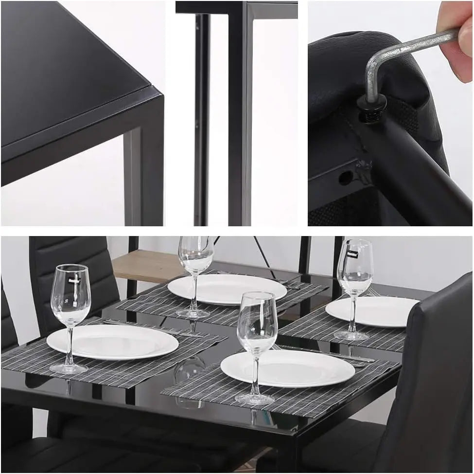 5-Piece Dining Table Set, Rectangular Black Glass Table with 4 Faux Leather Metal Chairs, Modern for Small Spaces