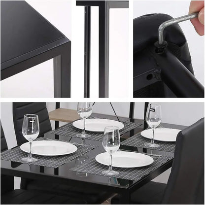 5-Piece Dining Table Set, Rectangular Black Glass Table with 4 Faux Leather Metal Chairs, Modern for Small Spaces