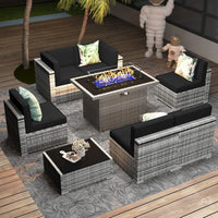 8 Pieces Patio Furniture Set with 44"  Fire Pit Table, Outdoor Sectional Wicker Conversation Sofa Sets with Coffee Table