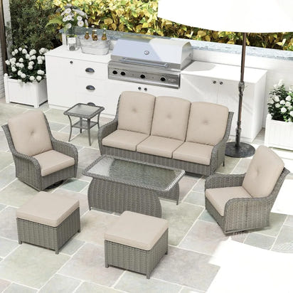 7 Pieces Rattan Sofa - Outdoor Furniture Patio Conversation Set with Swivel Rocking Chairs, Coffee Table & Ottomans for Backyar
