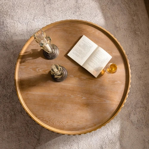 Coffee Table Round Wood Modern Solid Wood Veneer Handcrafted Relief Tea Table with Sturdy Pedestal for Apartment,Living Room