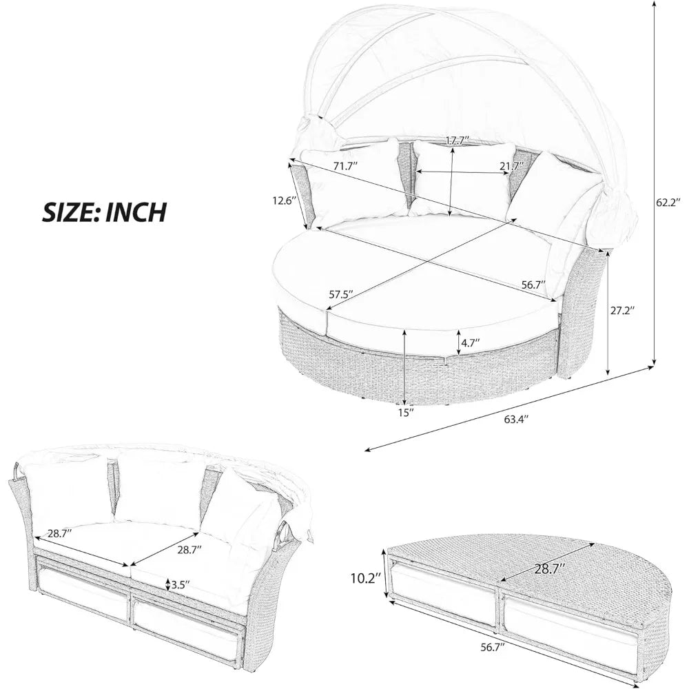 Outdoor Canopy Bed Patio Daybed with 4 Pillows, Wicker Rattan Double Daybed Round Sofa Furniture Set with Retractable Canopy, 2