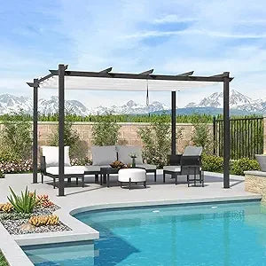 10' x 13' Outdoor Aluminum Pergola White Heavy-Duty Retractable Pergola Patio Metal with Double Sun Shade Canopy for Gardens De