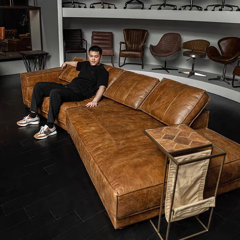 Classic retro style living room Budapest sofa, second-hand bed and breakfast oil wax leather special-shaped sofa