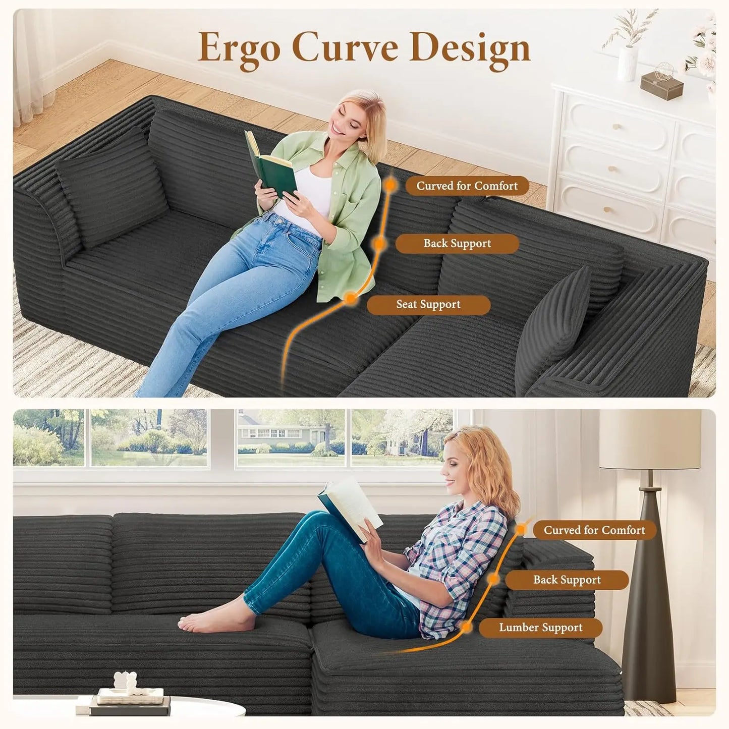 106" Cloud Couch with Chaise, Deep Seat Fluffy Modular Sectional Sofa Corduroy Memory Foam Boneless Couches for Living Room