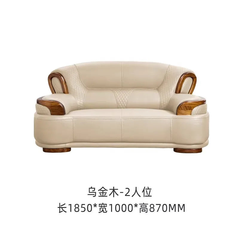 New Chinese leather sofa first layer cowhide ebony wood Italian light luxury sofa living room combination U solid wood furniture