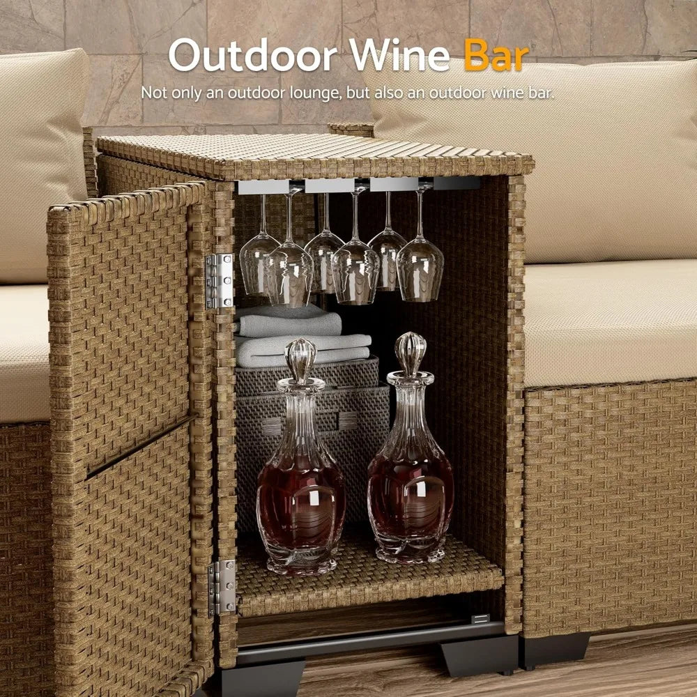 Patio Conversation Set Rattan Outdoor 6 Piece, Sectional Furniture Sofa Set, Wicker Couch with Coffee Table and Cushions for Poo