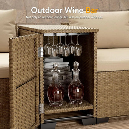 Patio Conversation Set Rattan Outdoor 6 Piece, Sectional Furniture Sofa Set, Wicker Couch with Coffee Table and Cushions for Poo