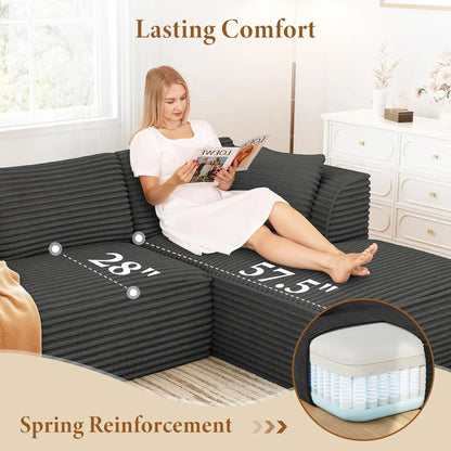 106" Cloud Couch with Chaise, Deep Seat Fluffy Modular Sectional Sofa Corduroy Memory Foam Boneless Couches for Living Room
