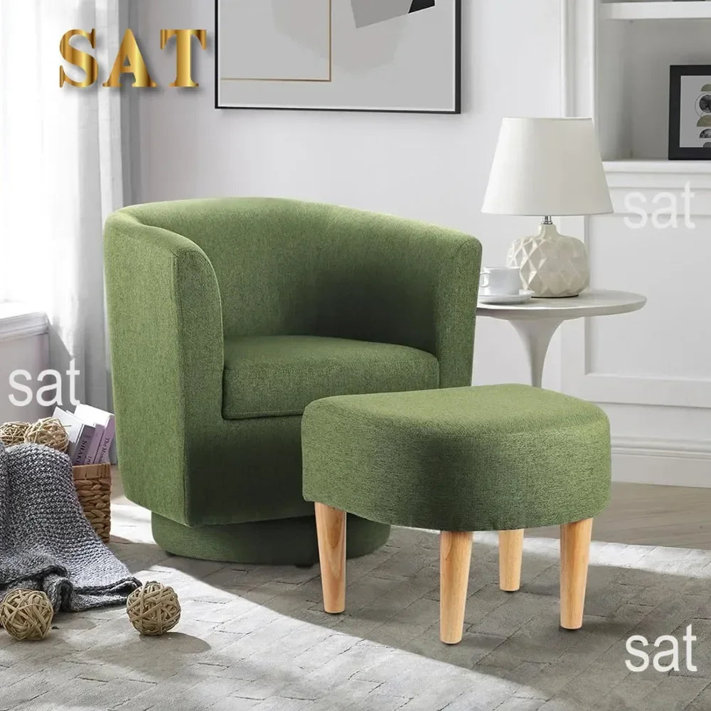 Chair Set of 2, Modern Swivel Chair with Ottoman, Comfy Armchair, Barrel Round Sofa Chair for Bedroom, Green