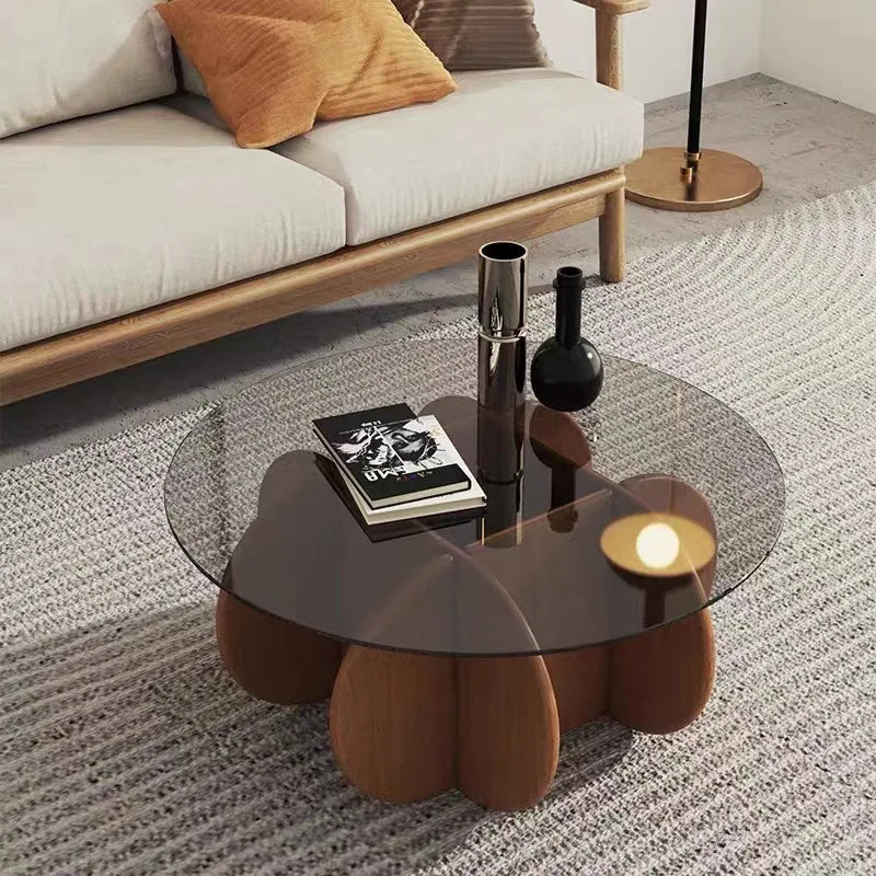 Table basse en verre de luxe légère, moderne, simple, petit appartement, salon, ronde, bois massif, maison, design créatif, table d'appoint de canapé