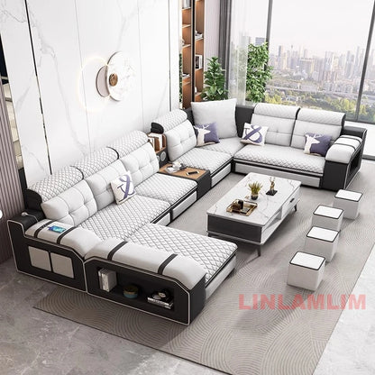 MANBAS Modern U-Shaped Fabric Sectional Sofa with Storage, Adjustable Headrests & USB Charging - Comfortable Quilted Upholstery