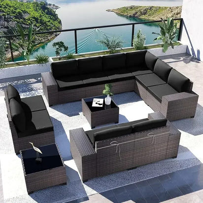 YND6-Qkulavik 6PCs outdoor furniture set PE Wicker rattan sectional sofa patio conversation sets. navy blue