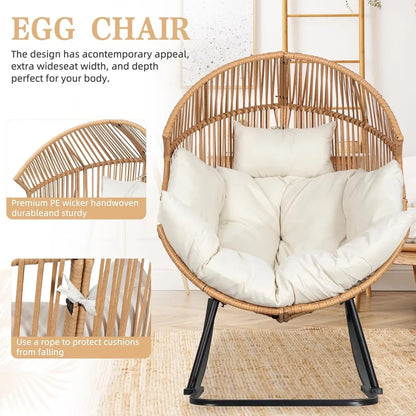PE Rattan Egg Rocking Chair with Cushion, Oversized Patio Lounge Rocker for Outdoor Indoor Balcony Garden Beige