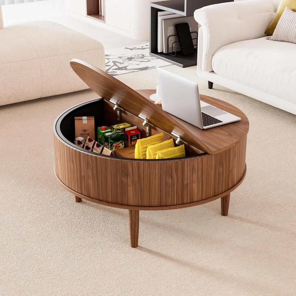 Round trough lift top coffee table with storage space, medieval modern living room coffee table, small family space