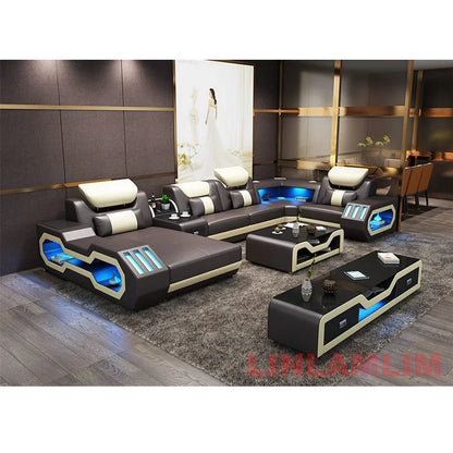 Modern LED Lighted Sofa Set with Recliner, Adjustable Headrest & Console | Luxury Leather Sectional Couch | Futuristic Furniture