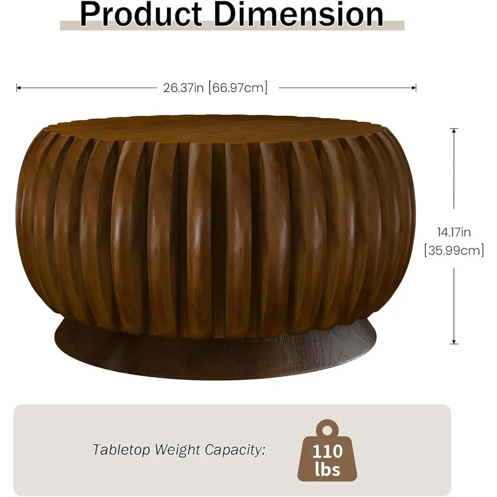 31.5 Inch round Fluted Coffee Table Farmhouse Luxury 3-Leg Base Natural Wood Veneer for Small Spaces