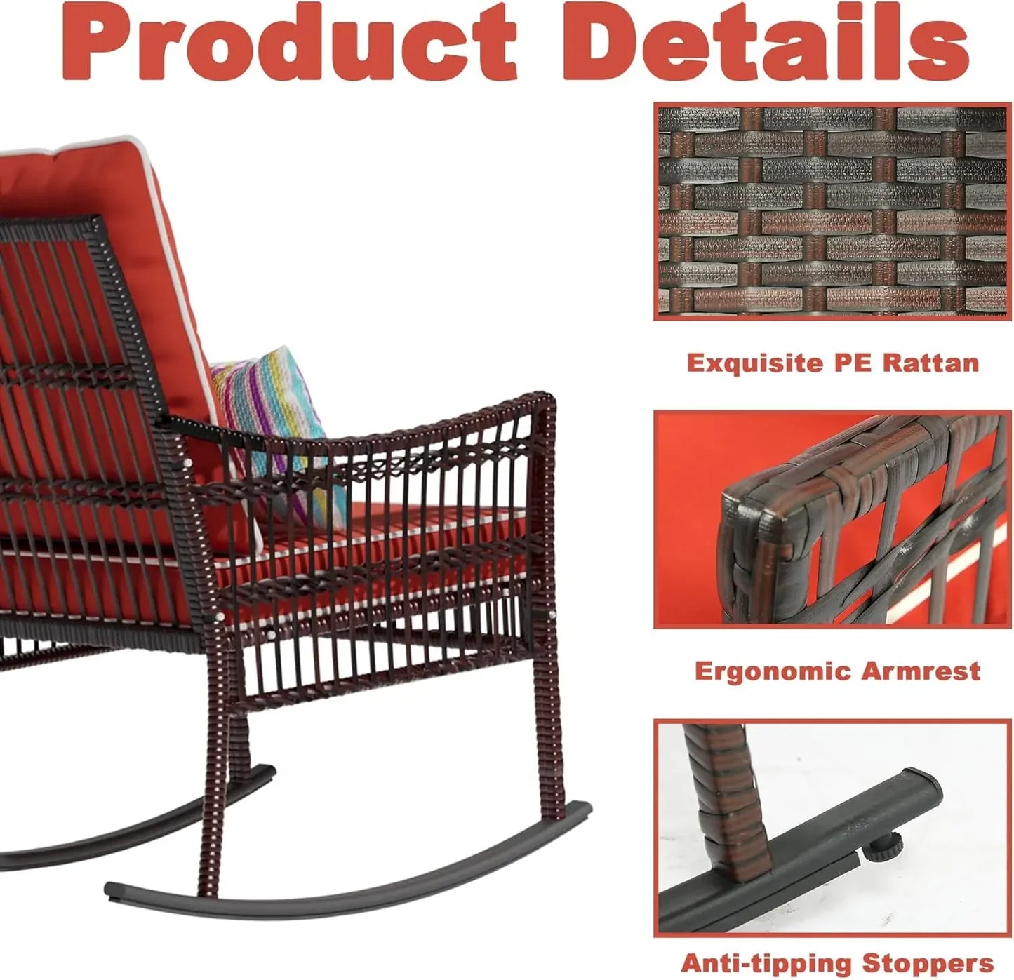 Curated Design Outdoor Rocking Chairs 3 Pieces Patio Conversation Front Porch Furniture, Wicker Rocking Chairs Bistro Set wit