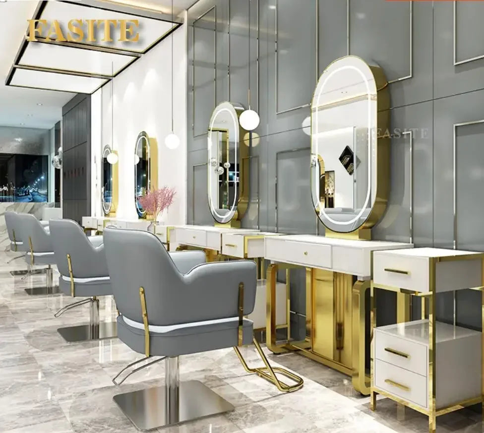Hairdresser's mirror stand hair salon special solid wood haircut mirror simple barber's table with light