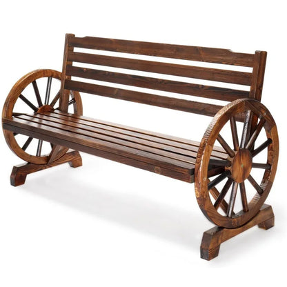 Country style wooden wheeled outdoor chair, patio bench with slat seating for 2 people, outdoor garden bench