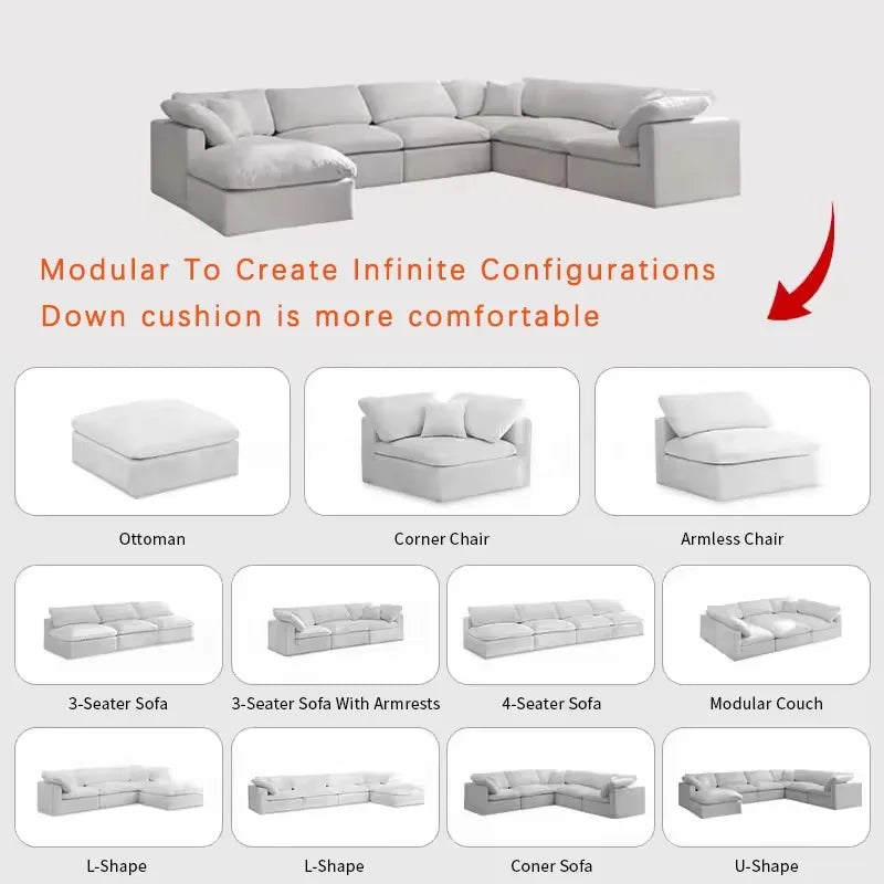 Modern Style Comfortable Coud Couch Living Room Furniture Modular Down Filling Velvet Fabric Sectional Sofa Set