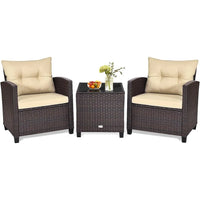 3 Pieces Patio Conversation Set, Outdoor Furniture Set PE Rattan Sofa Set With Removable Cushions, PE Wicker Chairs W