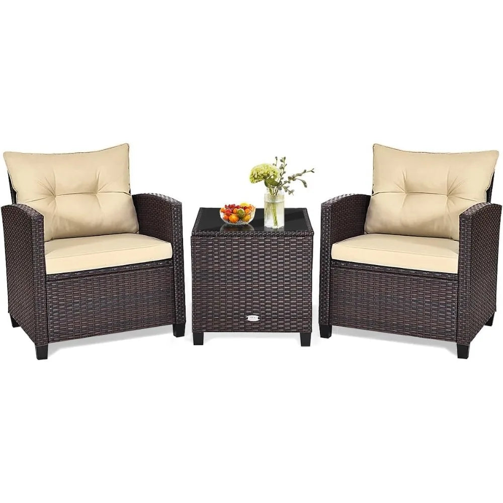 3 Pieces Patio Conversation Set, Outdoor Furniture Set PE Rattan Sofa Set With Removable Cushions, PE Wicker Chairs W